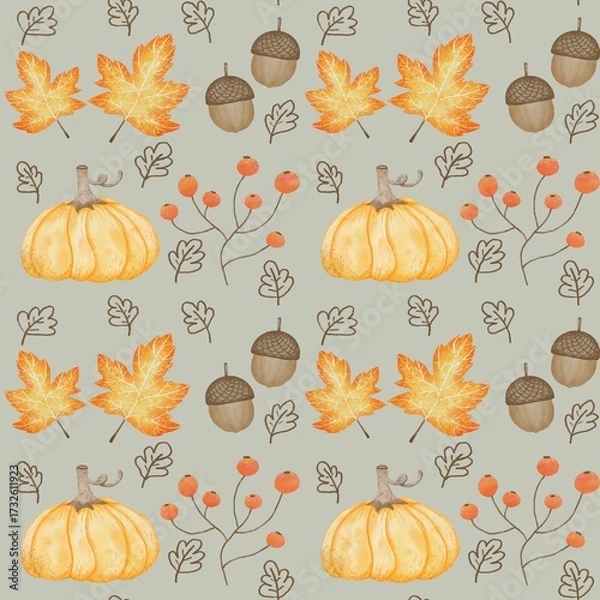 Fototapeta Autumn Seamless Pattern with Pumpkins, Leaves, and Acorns