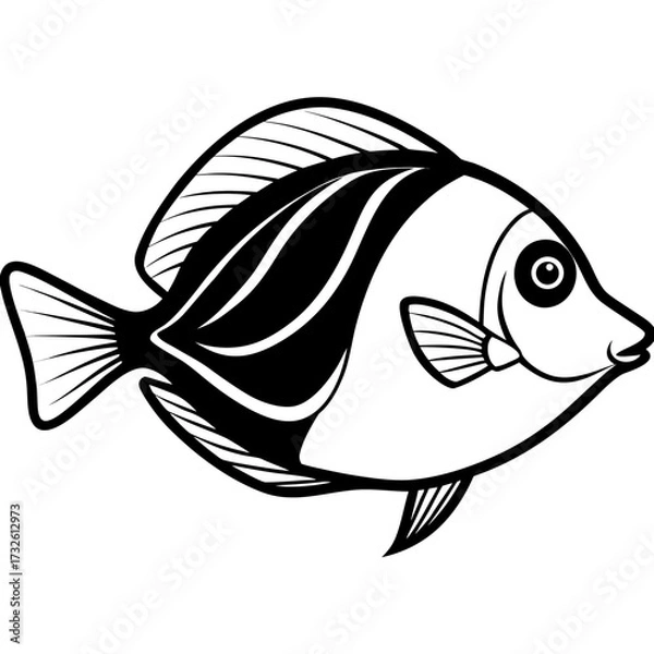 Fototapeta Simple Black Outline Surgeonfish Vector Drawing Isolated on White