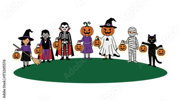 Fototapeta Spooky Halloween Gathering: A cartoonish depiction of diverse Halloween characters holding carved jack-o'-lanterns, evoking a festive atmosphere of frightful fun, trick-or-treating and playful terror.
