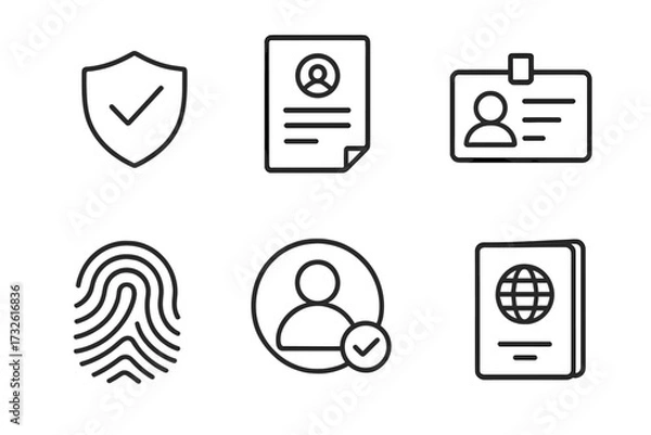 Fototapeta Identity verification and security web icons. Line style icon set includes passport, ID card, document, and fingerprint biometrics. User authentication and personal data concept.