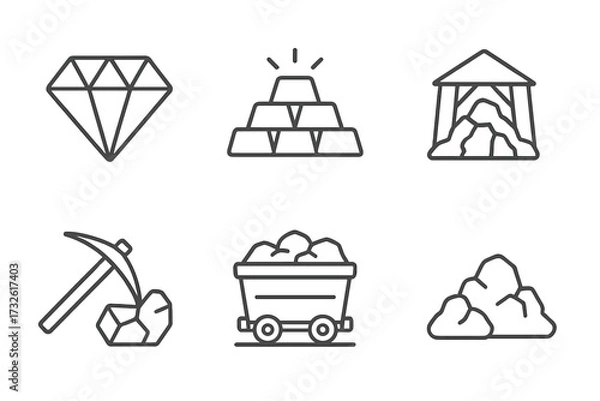 Fototapeta Mining icons set in line style with diamond, gold bars, mine entrance, pickaxe, ore cart, coal pile, mining equipment vector illustration for industry and resources