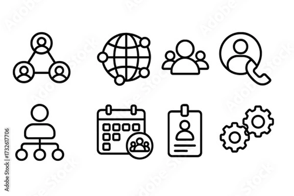 Fototapeta Networking web icons in modern line style, connection symbols, community and social network, contact us, events calendar, professional group, ID badge, and settings gear vector illustration