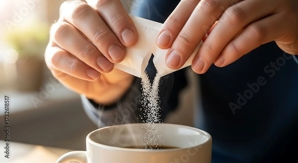 Fototapeta Sugar Cascade: Hands Pouring Sweetener into Steaming Coffee Cup