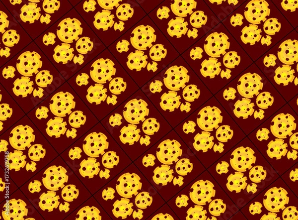 Fototapeta Repeating pattern, abstract yellow figures, on dark red background, in a square, printable pattern.