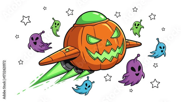 Fototapeta Spooky Space Flight: A whimsical illustration depicts a Halloween-themed spaceship, creatively designed as a jack-o'-lantern, soaring through a cosmic canvas alongside friendly ghosts.