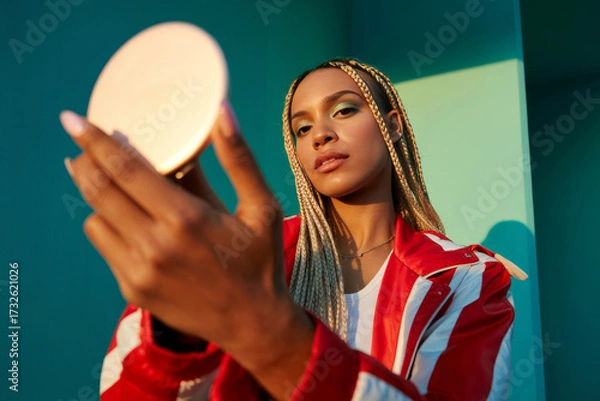 Fototapeta Woman applying makeup with a round mirror in a colorful outdoor setting during sunset