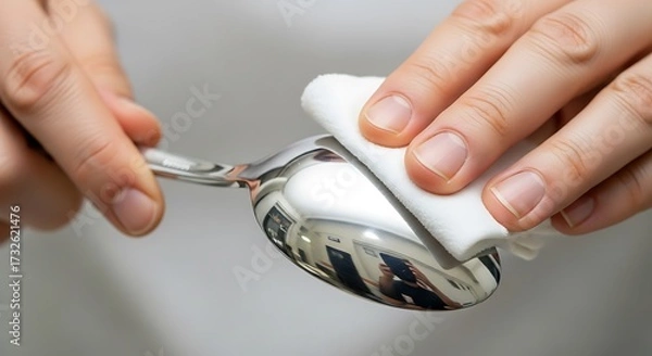 Fototapeta Polishing Silverware: Close-Up of Hands Cleaning a Shiny Spoon with White Cloth