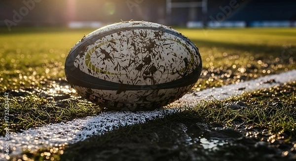 Obraz Close up of a worn rugby ball resting on grass near the white boundary line of a stadium pitch