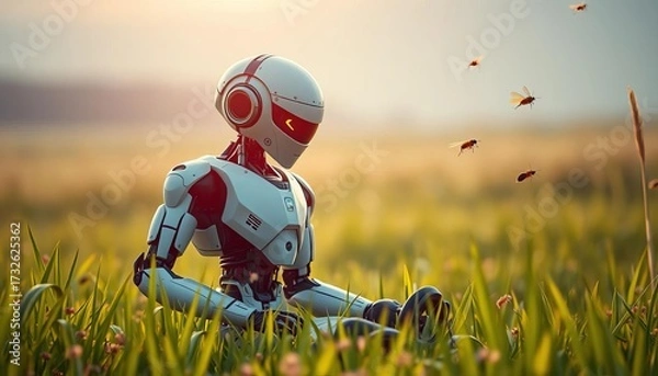 Fototapeta Sleek robot in grassy field, mechanical insects fly nearby,  gears,  beetle