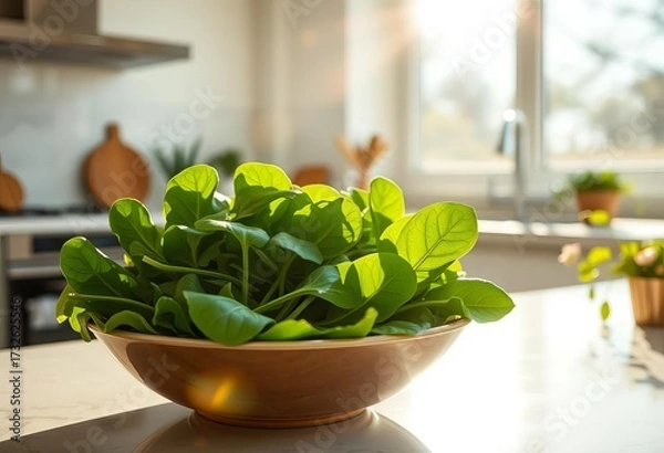 Fototapeta Sunlight streams into a modern kitchen; a bowl of fresh spinach sits on a counter, a leaf partially eaten,  sunlight,  vegan