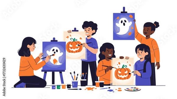 Fototapeta Halloween Art Class: A group of children are engrossed in an art class, creatively painting seasonal Halloween themed illustrations of pumpkins and ghosts on their easels.