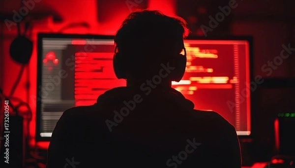 Fototapeta Focused individual working on coding at night.