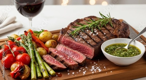 Fototapeta Juicy grilled steak served with roasted vegetables, potatoes, and chimichurri sauce on a wooden board, paired with red wine in elegant setting.