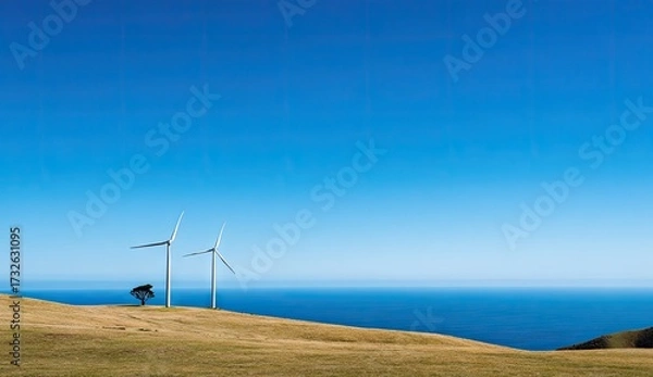 Fototapeta Two wind turbines stand sentinel on a sun-drenched hill overlooking a tranquil expanse of azure ocean, a lone tree marking the terrain's quiet beauty.