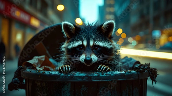 Fototapeta A raccoon is sitting in a trash can in the middle of a city street