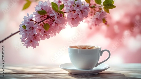Fototapeta A white cup with a flower on it sits on a wooden table