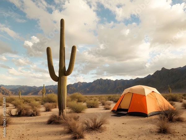 Fototapeta A desert scene with a large cactus and a tent