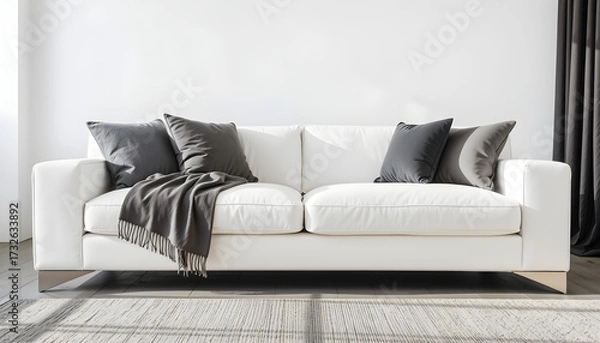Fototapeta A white couch with a black blanket on it