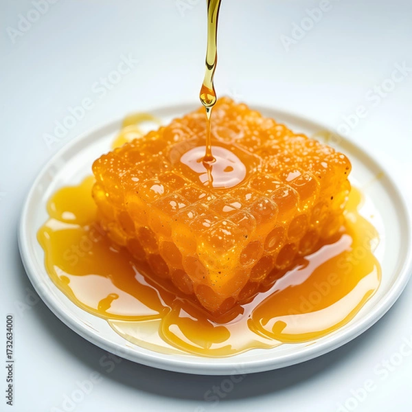Fototapeta A plate of honeycomb with a drizzle of honey on top