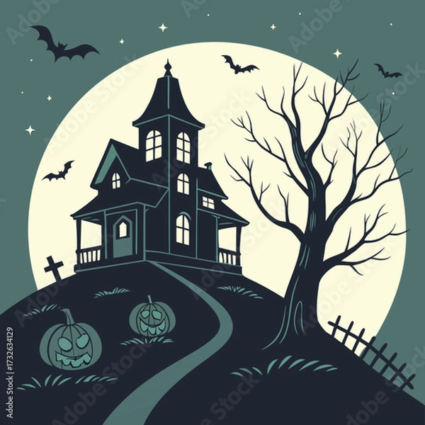 Obraz Haunted House on a Hill with Full Moon and Bats Halloween
