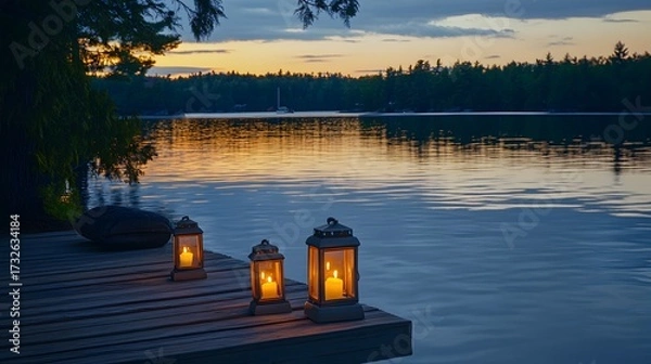 Fototapeta Serene lakeside scene at dusk with lanterns.