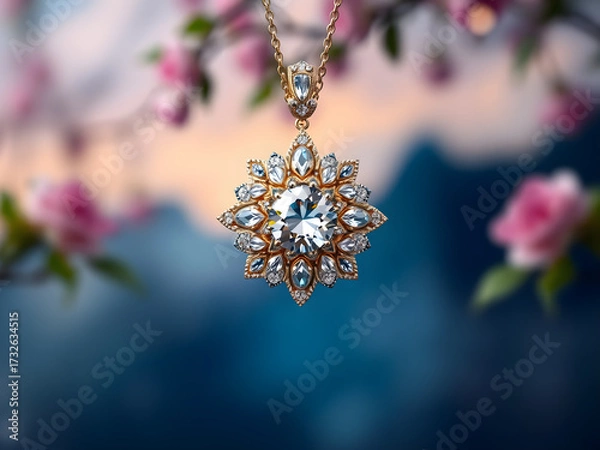 Fototapeta A large, sparkling diamond pendant is suspended from a tree branch