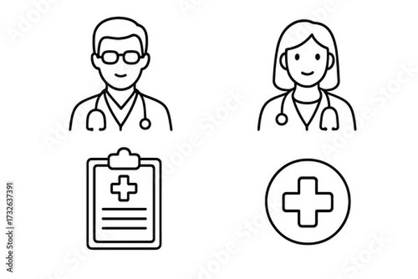 Fototapeta Medical line icon set with male and female doctors, clipboard, and health symbol. Physician, nurse, and practitioner avatars for web and apps. Editable stroke vector illustration.