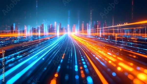 Fototapeta Vibrant streams of blue and orange light race through a futuristic digital city skyline representing high-speed data transfer.
