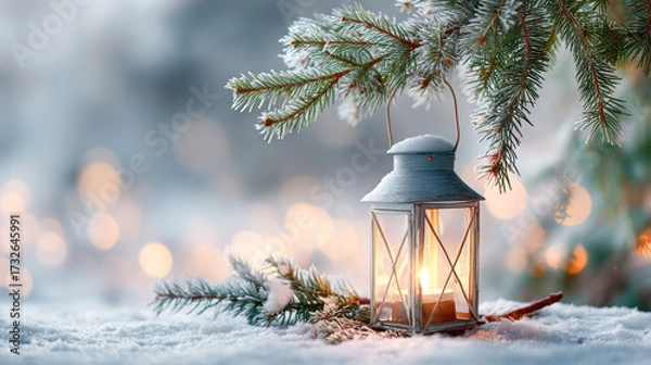 Fototapeta Lantern glowing warmly amidst snow-covered branches, creating a cozy winter atmosphere with soft bokeh lights in the background for seasonal charm
