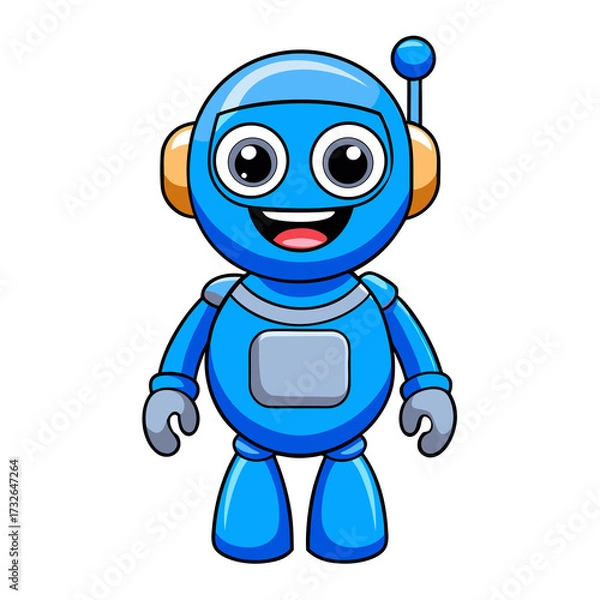 Fototapeta Cute cartoon blue robot with big eyes and a smile, standing full length. Perfect for kids' projects, technology, and game designs