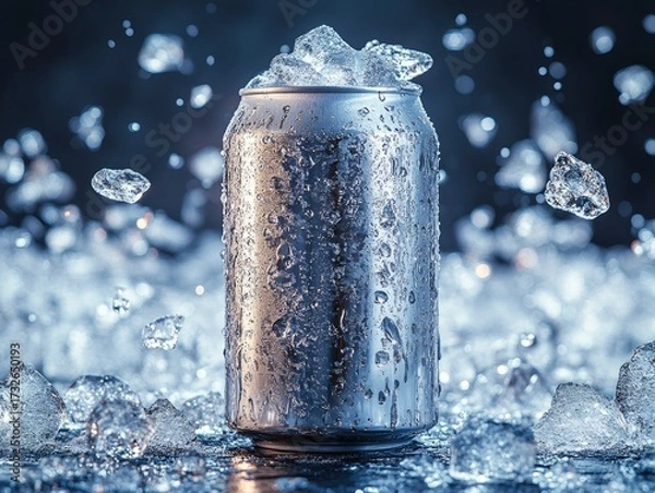 Fototapeta Icy soda can mockup surrounded by ice chunks on a black surface for product promotion and advertising campaign