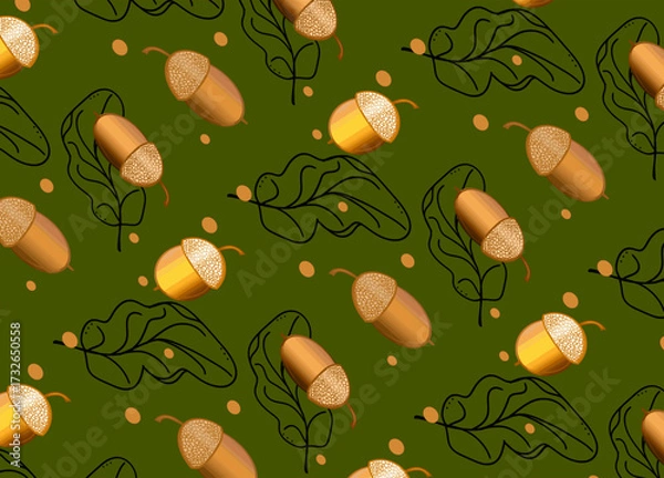Fototapeta Repeating pattern, acorns, oak leaves and fruits, dark green background, pattern for printing on textiles and paper.