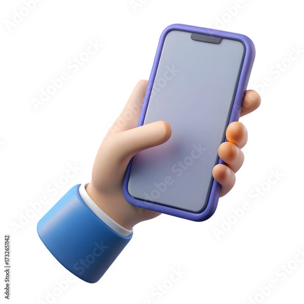 Fototapeta Stylized cartoon hand holding a modern smartphone with a blank screen