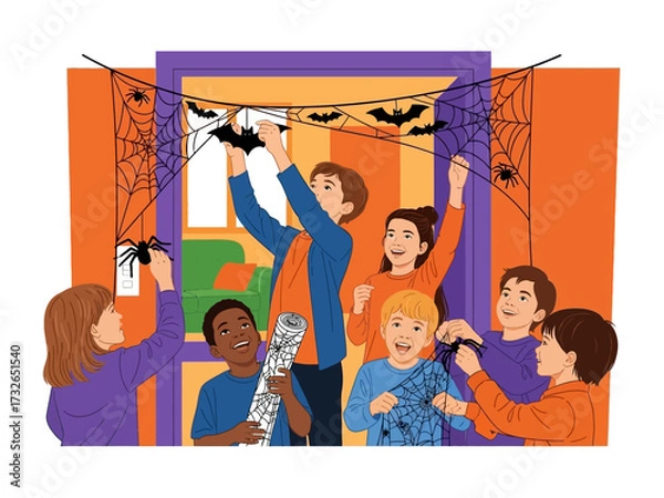 Fototapeta Halloween Decoration: A group of friends is joyfully putting up festive Halloween decorations, creating a cheerful atmosphere, setting the scene for a night of spooky fun.