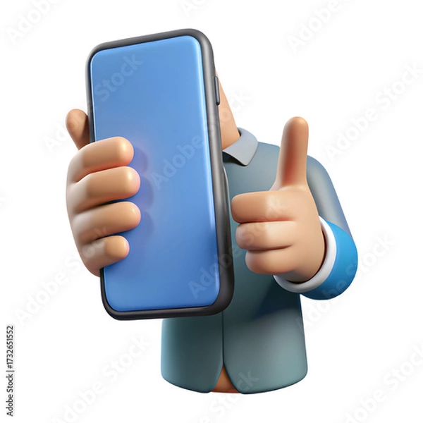 Fototapeta Man holding a blue smartphone and giving a thumbs up gesture