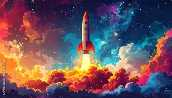 Fototapeta Colorful rocket launch into vibrant nebula