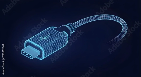 Fototapeta USB-C charging cable Blue Wireframe USB Type C to USBA Adapter with USB Symbol USB A cable