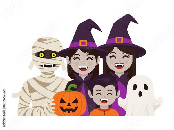 Fototapeta Halloween Characters' Festive Gathering: A vibrant illustration of a mummy, witches, vampire, ghost, and jack-o'-lantern, coming together to bring the thrill of Halloween to life.