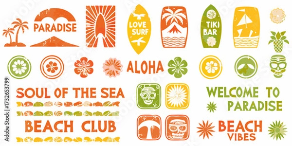 Fototapeta Collection of hawaiian and beach themed graphic elements and phrases with a distressed vintage look