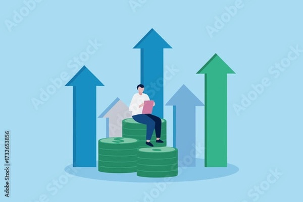 Fototapeta Man sitting on stacked money bills surrounded by upward trending arrows symbolizing financial growth and success