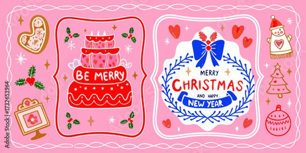Fototapeta Whimsical hand drawn christmas and new year greetings with festive icons on pink background