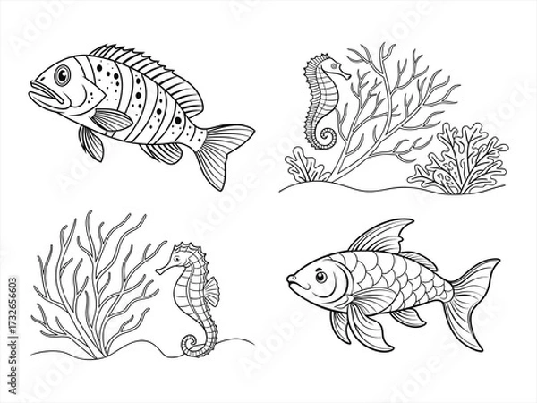 Fototapeta coloring page line art the sea fan black vector bundle