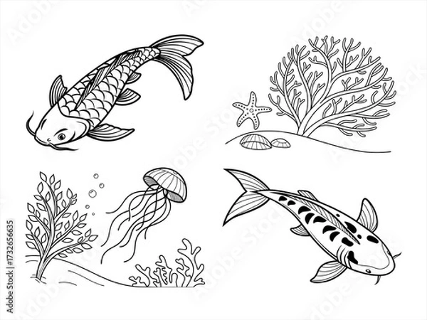 Fototapeta coloring page line art the sea fan black vector bundle