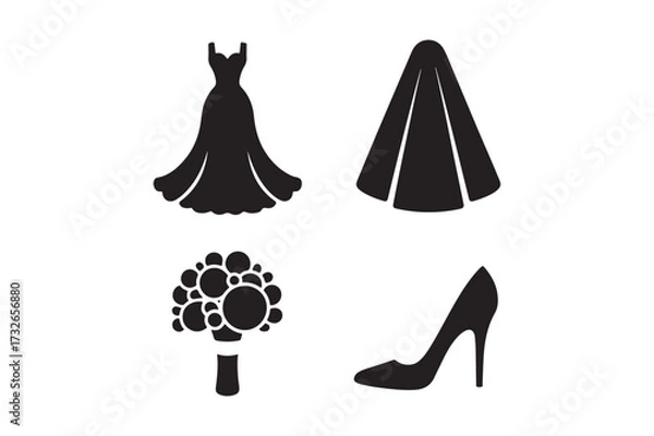 Obraz Wedding attire icons dress veil bouquet and high heel shoe