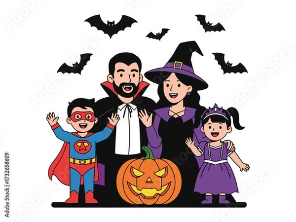 Fototapeta Spooktacular Family Halloween: A creatively illustrated scene of a family dressed in costumes, with a jack-o'-lantern and bats, evoking the joy of Halloween. 