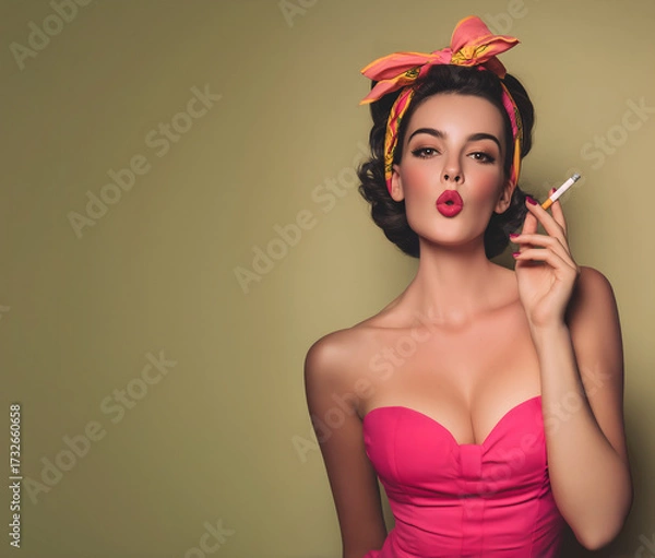 Fototapeta Creative fashion concept. Dark hair Pin-up glamour model with a cigarette burning, 1950s style hot pink bandana, curls hair, tight bustier dress with sexy coy playful expression. copy space