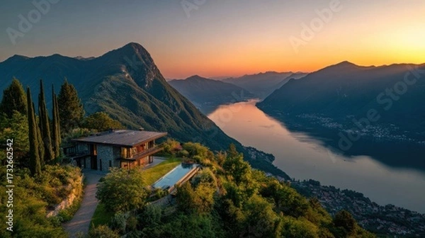 Fototapeta Luxury mountain home with pool overlooking lake