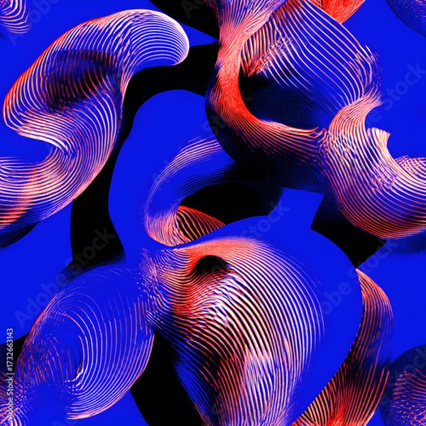 Fototapeta Wavy, curved shapes with blue and orange lines create an abstract, seamless visual. The fluid shapes are suspended against contrasting black and blue background