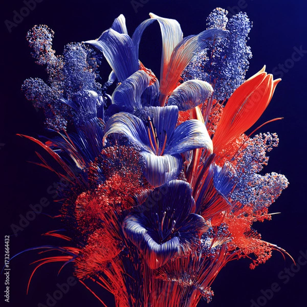 Fototapeta A striking bouquet features lilies and filler flowers, illuminated by vivid red and blue colors. The composition stands out against a deep, dark background