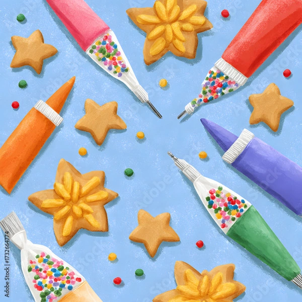 Fototapeta Star shaped cookies and decorating tubes filled with sprinkles are arranged on a light blue surface. Some small colorful sprinkles are scattered around